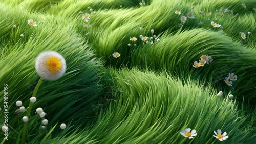 Lush green grass field with wildflowers
