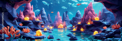 Low poly vector underwater fantasy world with coral mountains glowing sea creatures and treasure