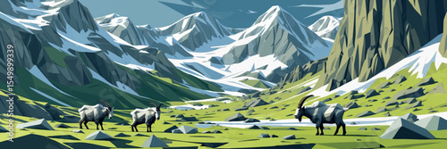 Low poly vector tundra scene with mossy polygonal ground mountain goats and cliffs