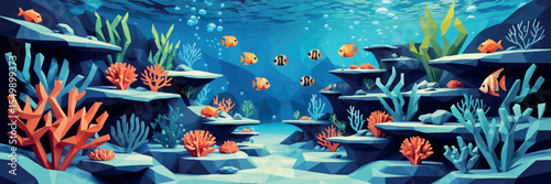 Low poly vector underwater scene with coral reef tropical fish and geometric plants