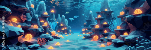 Low poly vector underwater fantasy world with coral mountains glowing sea creatures and treasure