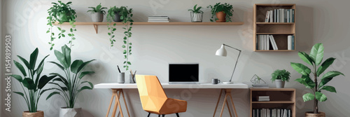 Low poly vector workspace with desk laptop bookshelves and plant