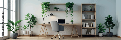 Low poly vector workspace with desk laptop bookshelves and plant