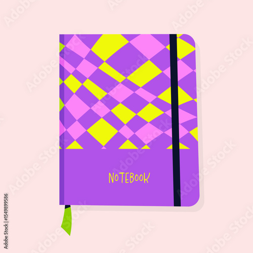 Colorful school notebook with geometric cover design and elastic band. Ideal for back to school, stationery, education, and learning themes
