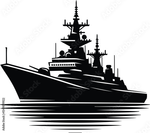 Military Warship Vector Icon, Navy Battleship Silhouette Black Design.