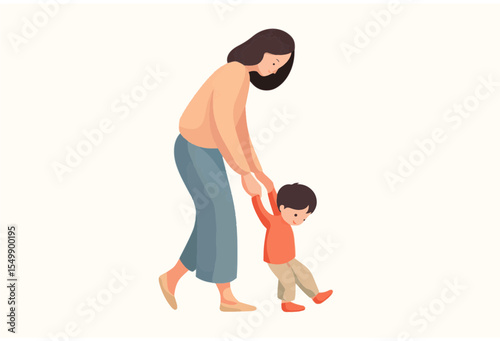 A mom helps her child take first steps, capturing a key moment in early development stages.