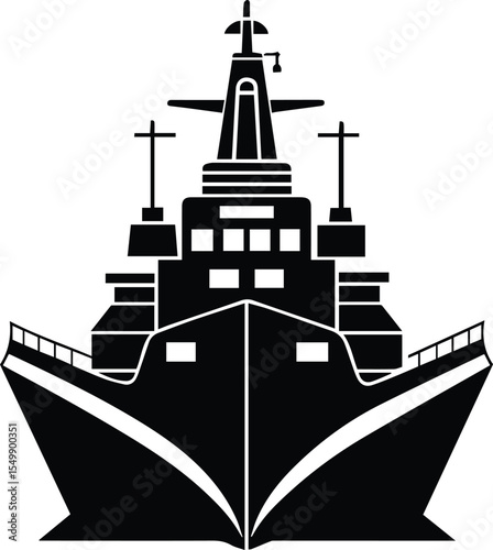 Navy Warship Vector Icon, Black Battleship Silhouette Illustration.