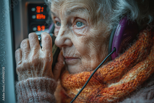 A close-up portrait of a senior woman with expressive blue eyes using a helpline. Wearing headphones and a warm scarf, her worried look conveys vulnerability and the need for support