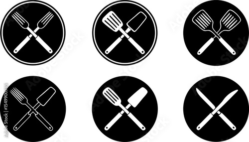 grill fork and spatula tools icon vector set  barb.eps