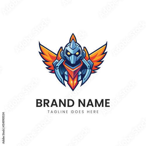 A fierce and dynamic logo featuring a stylized knight's helmet with wings, showcasing a modern and bold design with vibrant colors.