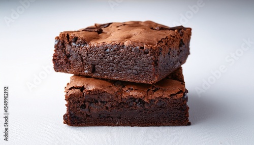 two gooey chocolate brownies stacked with rich moist texture on white background