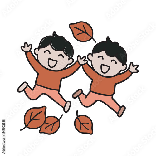 Kids Playing In Autumn Falling Leaves