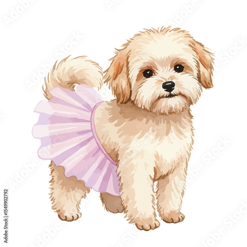 Cute puppy wearing a pink tutu standing on white background  