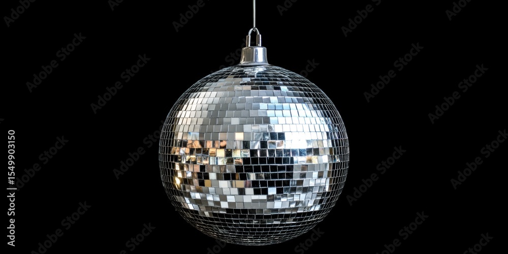 Obraz premium Chrome disco ball shining silver, metallic, reflective, round, symmetrical, glittering, sparkling, celebratory, elegant, circular, festive, lustrous, ornate, polished, disco light fixture, dance party