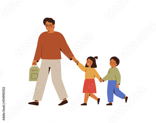 Father accompany his children to school. Asian Man hold hands daughter and son and go together to kindergarten. Back to school concept. Parental control, care about kids. Vector illustration