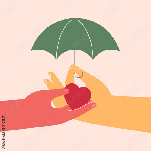medical Insurance, life saving. health protection, security. Hand with open umbrella guarding hand with red heart. Vector illustration