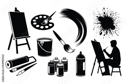 Black and White Artist Supplies Silhouettes Easel Paint Brushes Palette