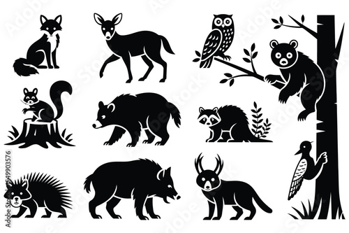 Black and White Forest Animal Icons Set Fox Deer Owl Bear