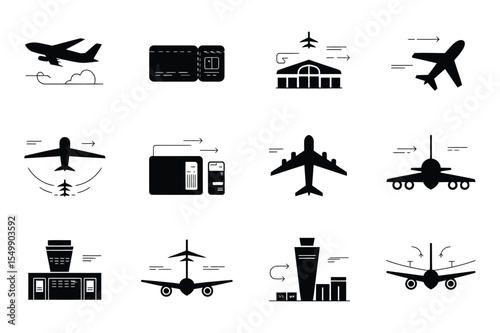 Airplane Travel Icons Black Silhouette Set Airport Flight