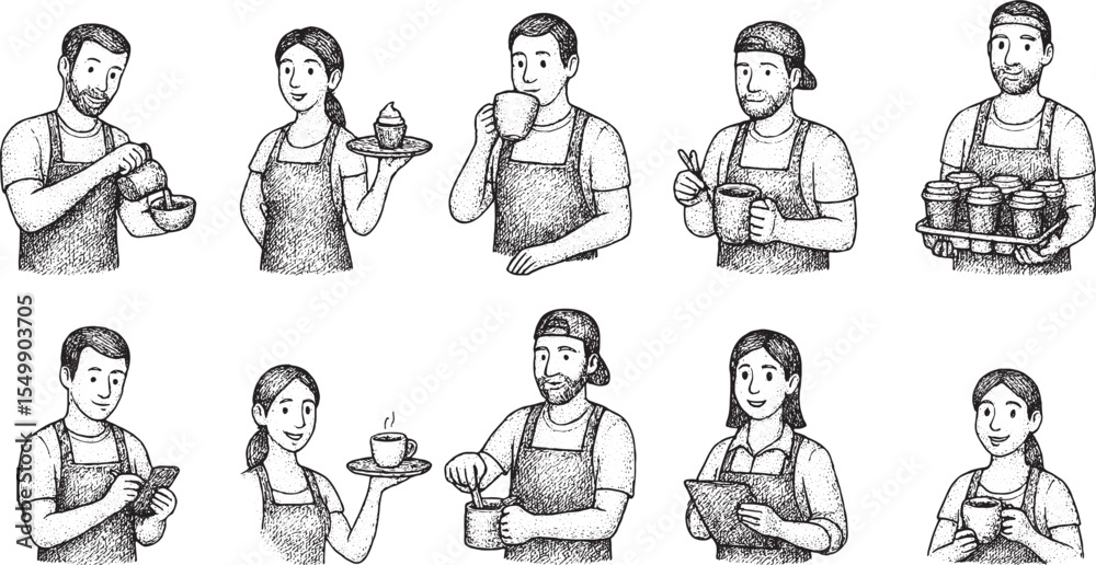 custom made wallpaper toronto digitalA set of detailed black-and-white illustrations featuring diverse baristas in aprons, serving coffee, holding trays, using tablets, and engaging in various cafe tasks, showcasing a lively coffee shop