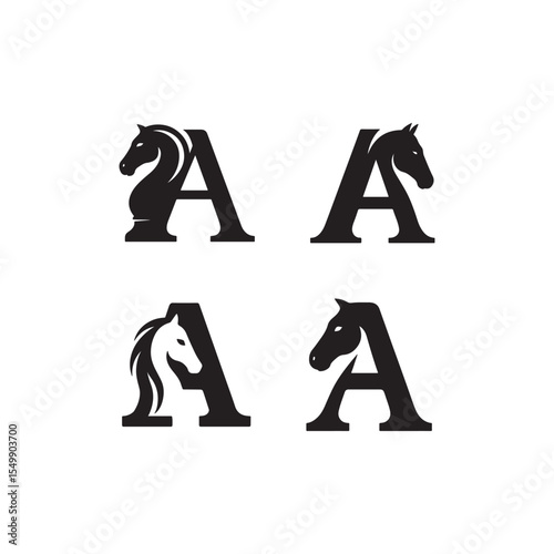 Four black and white designs of the letter a incorporating horse head silhouette shapes