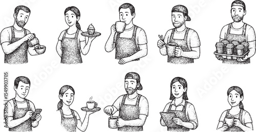 A set of detailed black-and-white illustrations featuring diverse baristas in aprons, serving coffee, holding trays, using tablets, and engaging in various cafe tasks, showcasing a lively coffee shop 