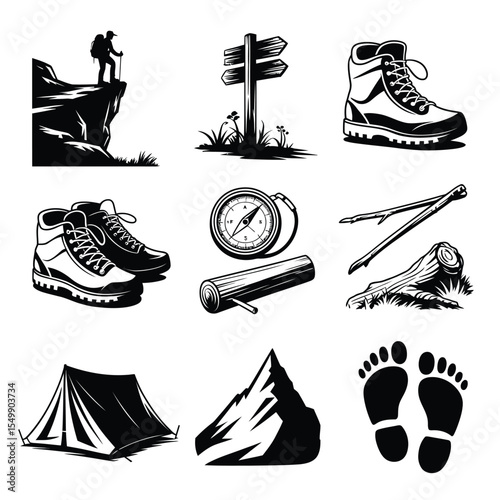 Black and White Hiking Camping Icons Set Cliparts vector