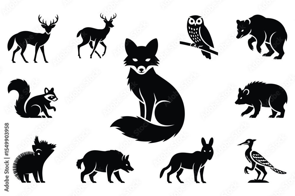 Naklejka premium Black and White Wildlife Animal Silhouettes Collection Fox Centered