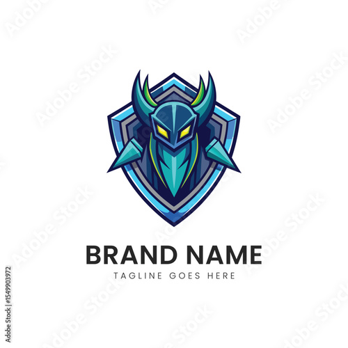 A dynamic, futuristic shield logo featuring a stylized helmet and sharp edges, perfect for gaming or esports branding. Bold colors enhance its fierce appearance.