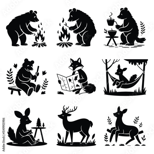 Black Silhouette Animals Camping Outdoors Nature Scenes Set