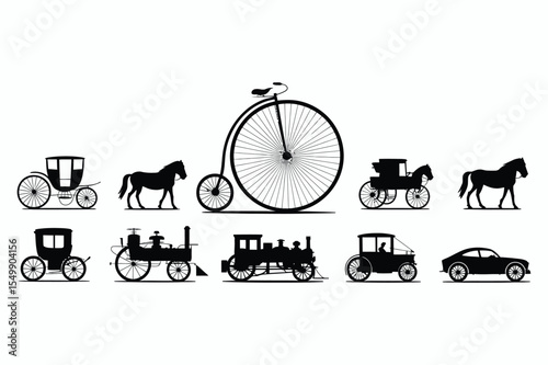 Black Silhouettes of Horse Drawn Carriages Penny Farthing Train and Car Evolution