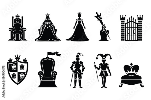Black Silhouettes Royal Icons King Queen Throne Knight Jester Crown Gate