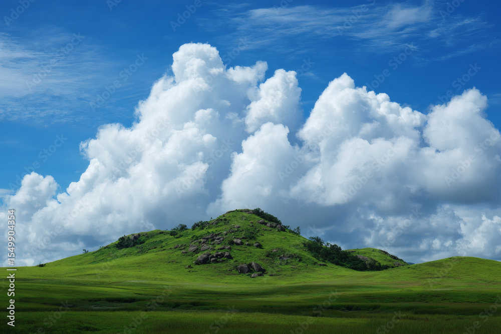 Obraz premium Vast green rolling hills under a dramatic sky with large fluffy white clouds