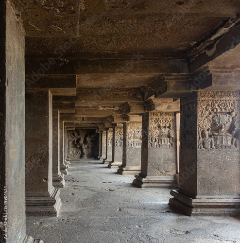 Long Hallway of Ancient Carved Temple