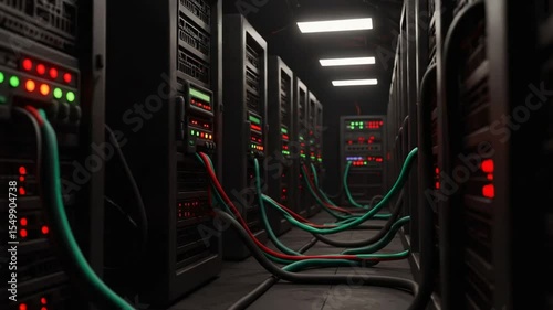 Data Center Servers with Cables in Dark Room