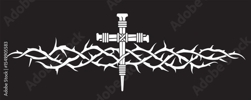 jesus thorn crown, cross and nails isolated on black background