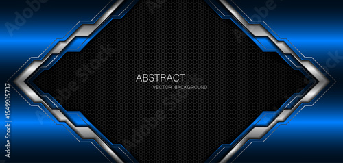Abstract blue and silver polygons on dark steel mesh background. with free space for design. modern technology innovation concept background	
