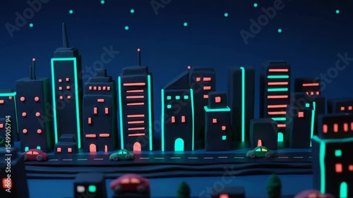 Animated Cityscape with Cars Driving at Night