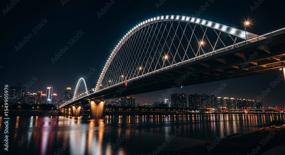 Obraz premium Illuminated Cable-Stayed Bridge at Night with Cityscape Reflections in Calm Water