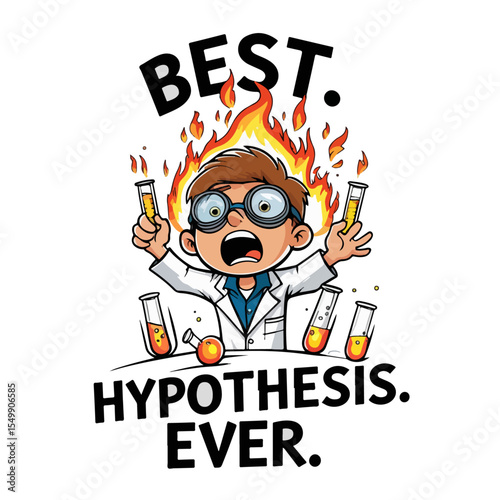 A cartoon boy scientist conducts a fiery experiment, enthusiastically proclaiming best hypothesis ever