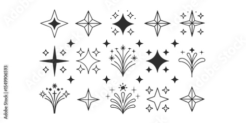 Collection and Variety of decorative sparkle icons with botanical and burst elements in black and white design for festive themes