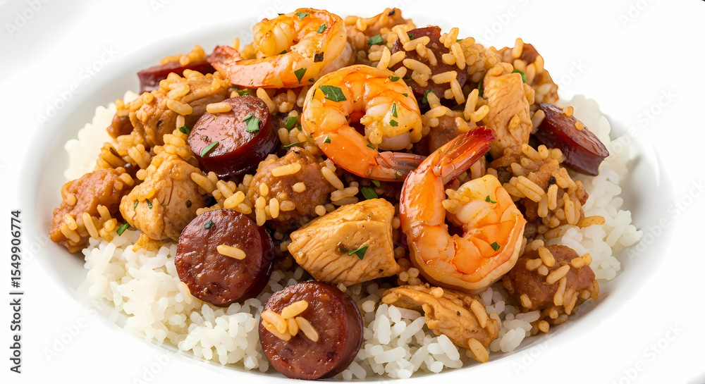 Fototapeta premium Delicious Jambalaya Recipe: Seafood, Chicken, Sausage, Rice Dish - Cajun Cuisine