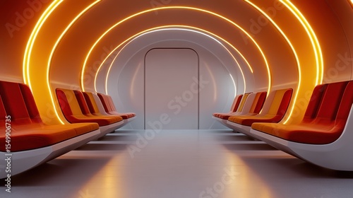 Fototapeta Naklejka Na Ścianę i Meble -  A sleek train station interior featuring futuristic designs, vivid orange lighting, and streamlined seating creates a perfect space for travelers to relax and wait comfortably.