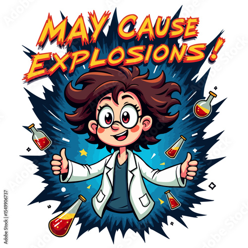 A cheerful girl scientist gives a thumbs up surrounded by exploding flasks