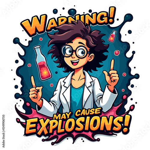 A cartoon scientist girl in a lab coat warns of explosions in a fun illustration