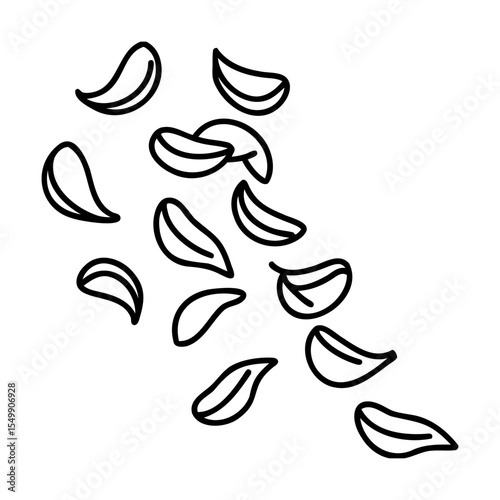 Black Line Art Garlic Cloves Falling Isolated White Background