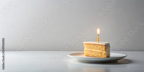 A single slice of frosted cake with a lit candle on a plate