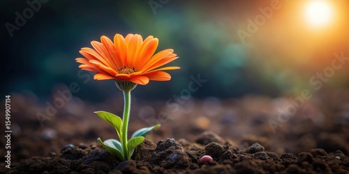 A vibrant orange flower blossoms, its stem reaching towards the sunlight, emerging from rich dark soil.