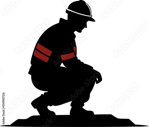 "Silhouette of firefighter kneeling with sunset in background, vector" on a white background