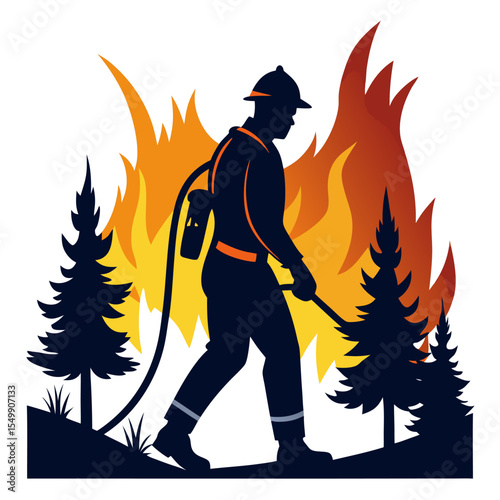 "Silhouette of firefighter carrying hose in forest fire scene, vector" 
